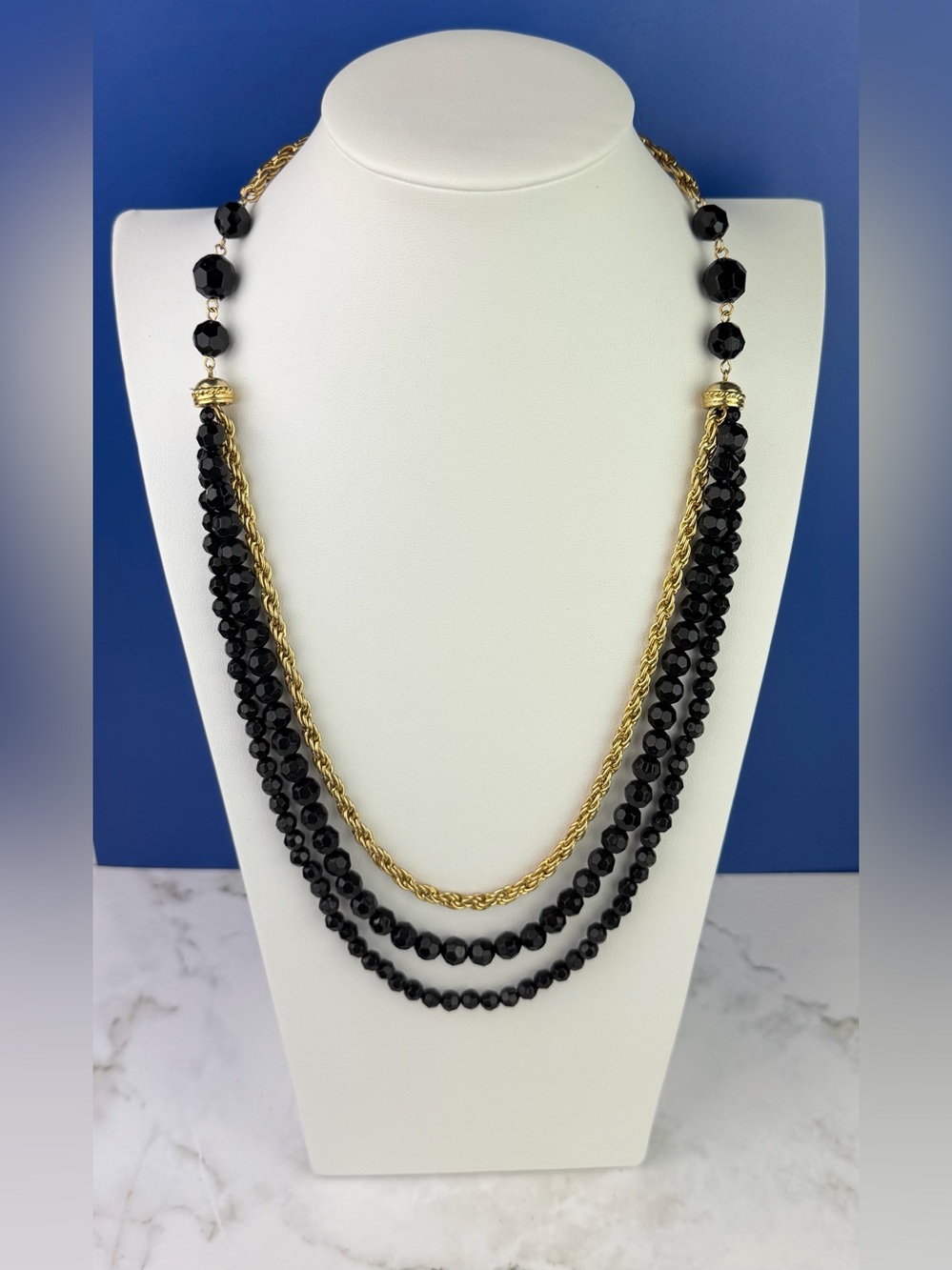 Bijoux Terner Multi Strand Black Faceted Bead Gold Tone Rope Chain Necklace